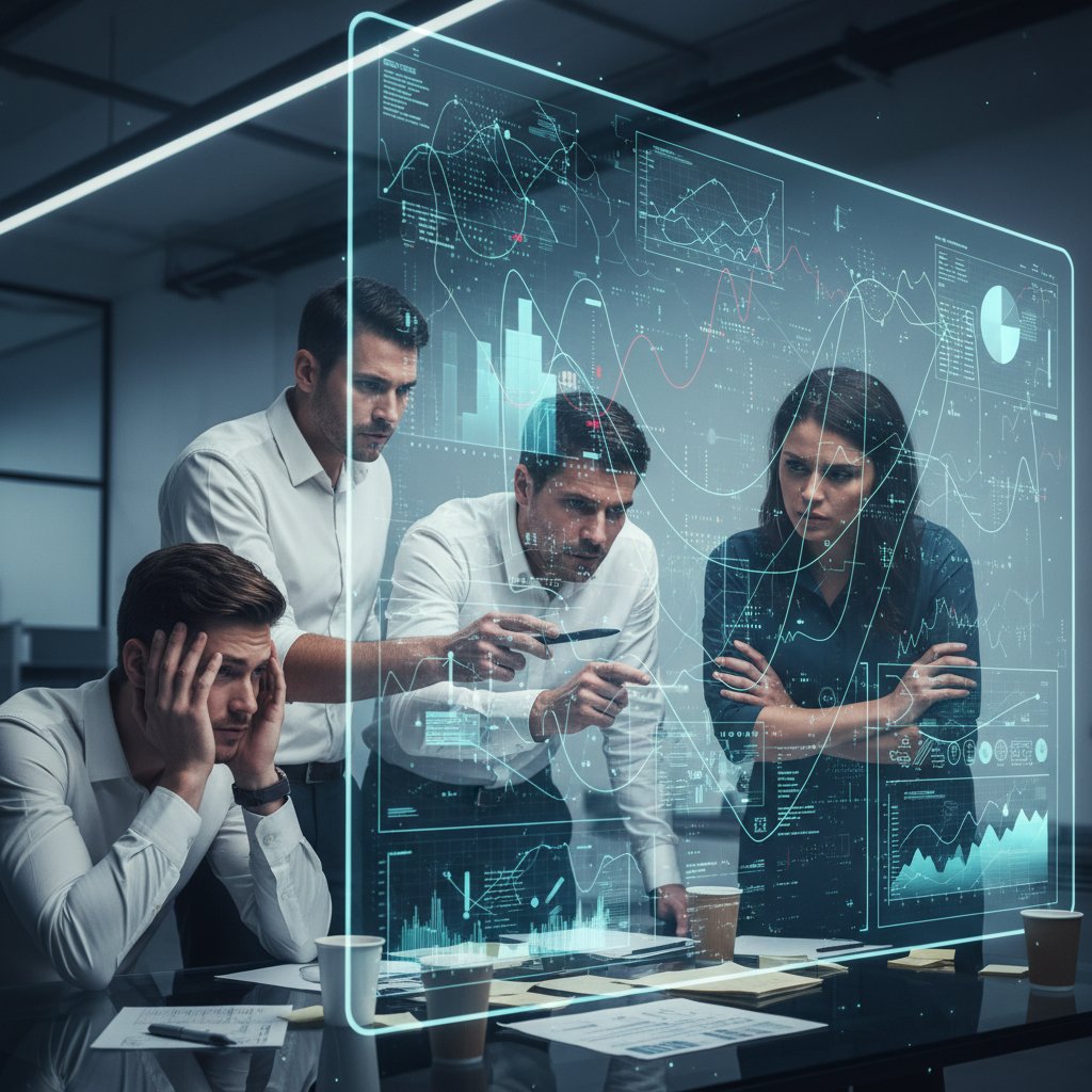 Grupa ludzi analizująca dane AI w sterylnym biurze, atmosfera niepokoju i refleksji