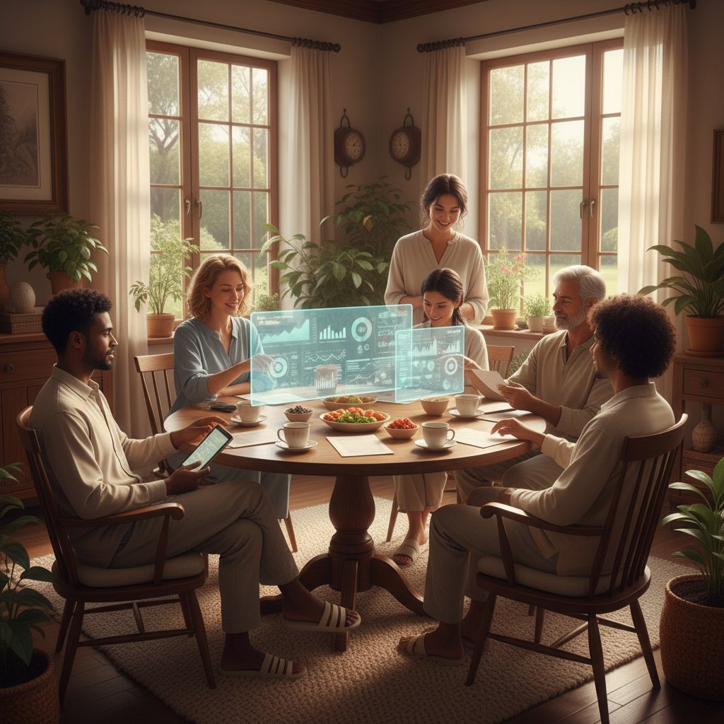 Grupa osób analizujących dane statystyczne, atmosfera naukowo-terapeutyczna