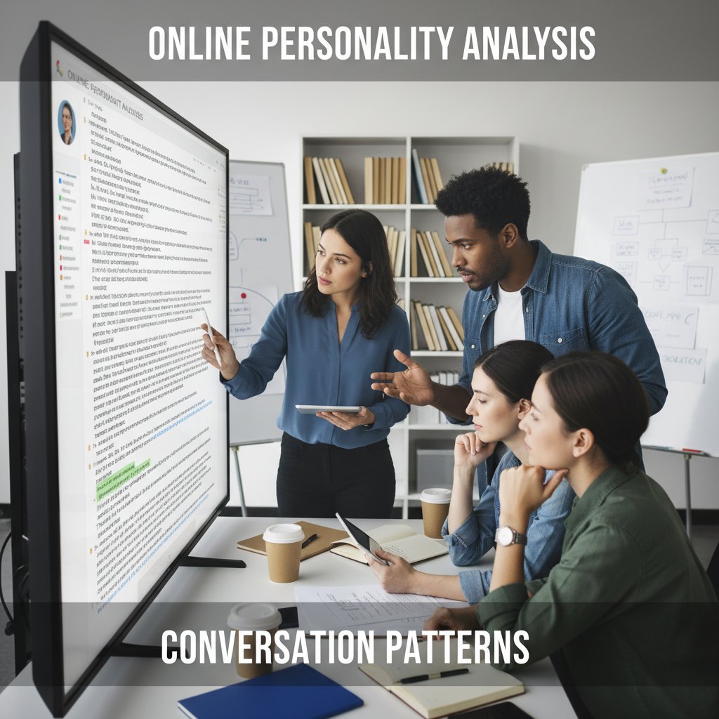 Grupa ludzi analizująca transkrypcję rozmowy na ekranie, analiza interakcji online