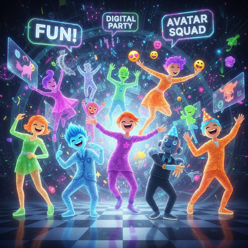 Grupa osób bawiących się przy komputerze z widocznym cyfrowym awatarem, uśmiechniętych i zrelaksowanych