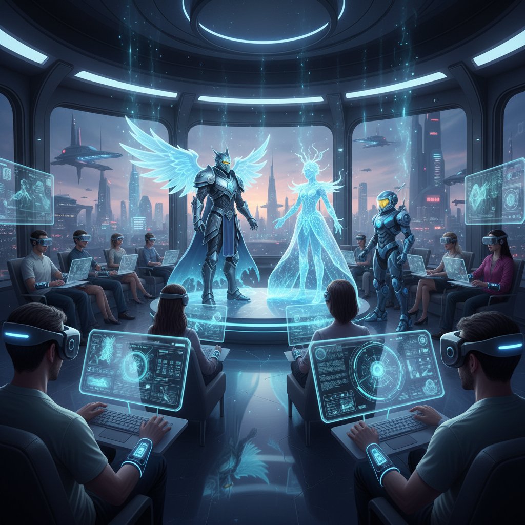 Grupa osób używająca komputerów i urządzeń mobilnych, cyfrowe awatary unoszą się w tle – przyszłość chatgpt role playing