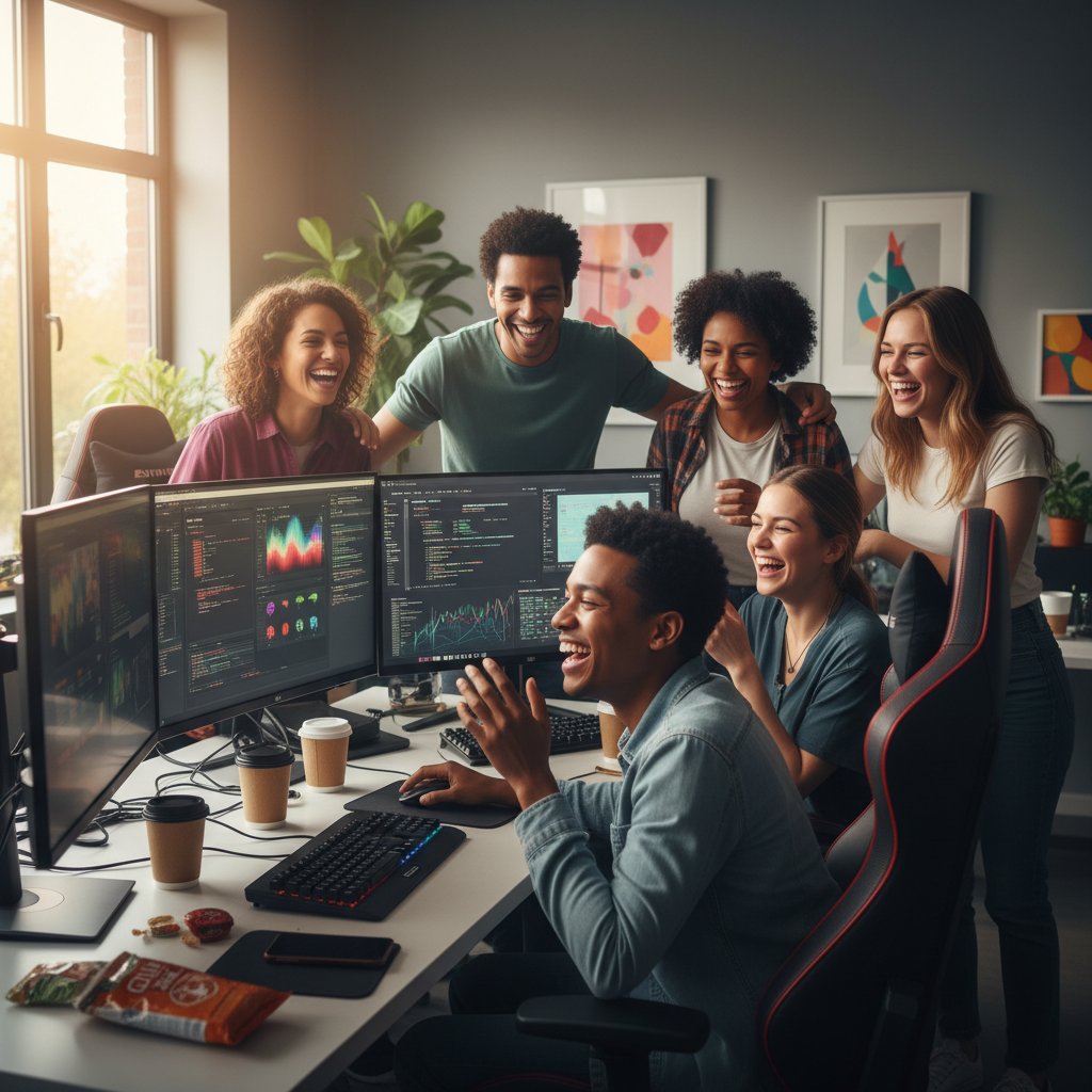 Grupa osób siedzi razem przy komputerach, śmieją się i rozmawiają w luźnej atmosferze, przyjazne relacje