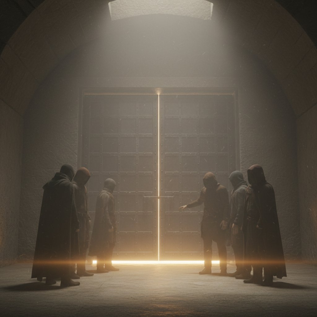 Grupa osób w zamglonym pomieszczeniu z zamkniętymi drzwiami, światło wpada przez szczeliny, symboliczny obraz zbiorowego zaprzeczania