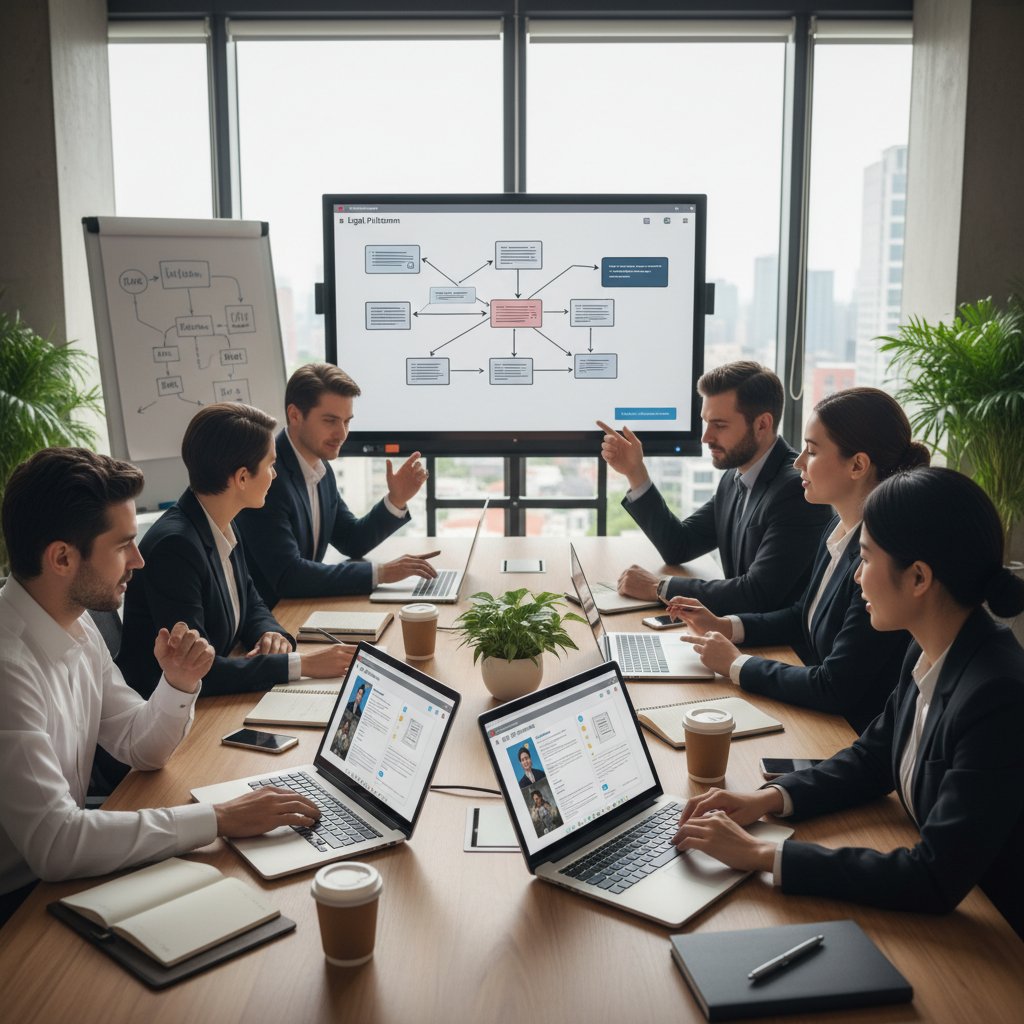Grupa ludzi siedzi z laptopami, korzystając z platformy prawniczej, atmosfera współpracy