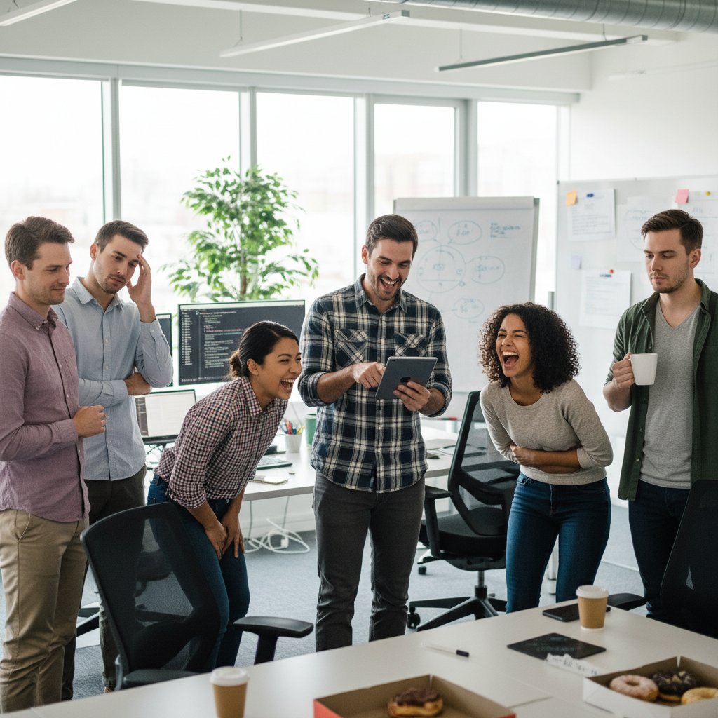 Grupa ludzi śmiejących się z nietrafionego żartu komputerowego, mieszane reakcje na twarzach, biurowa atmosfera