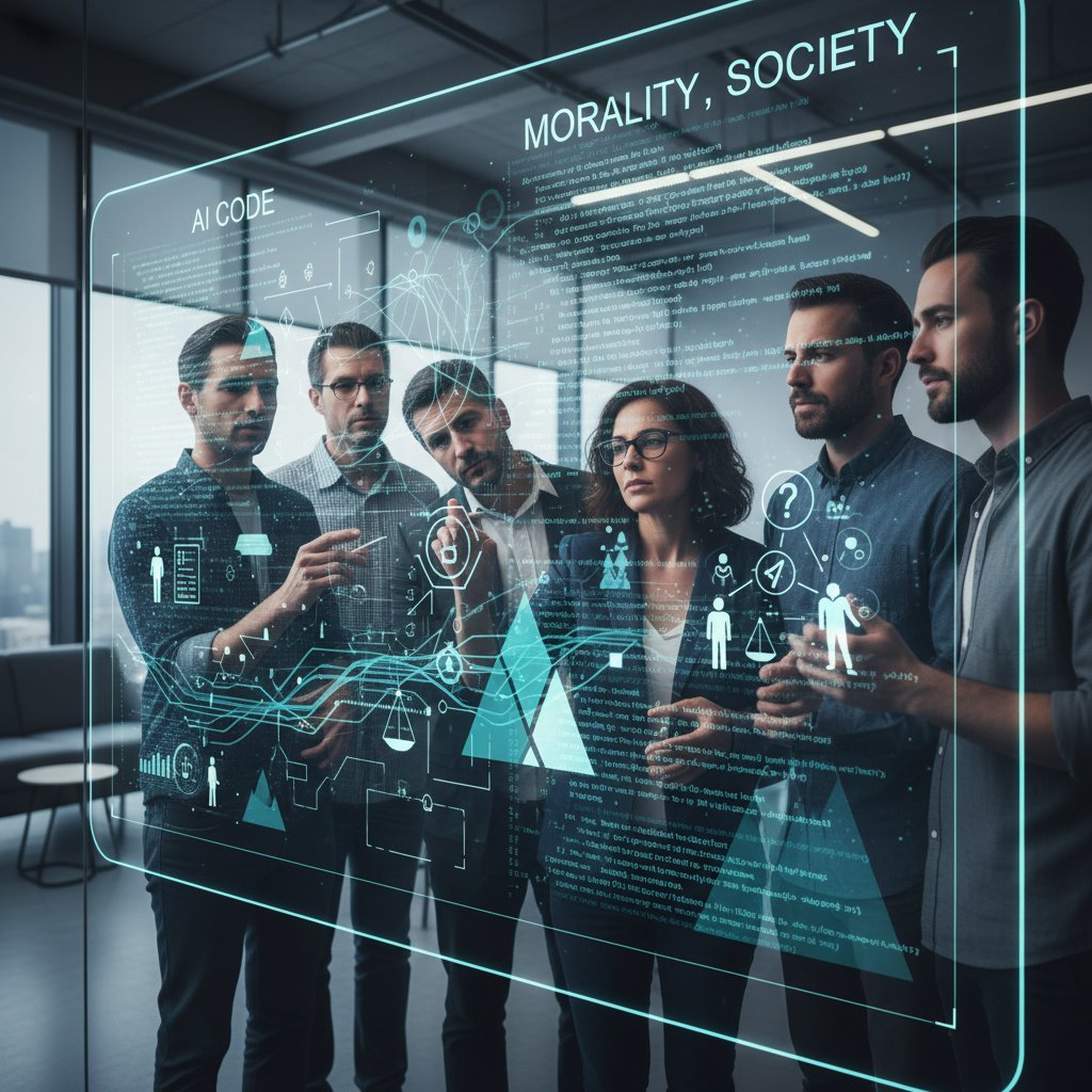 Zdjęcie grupy ludzi patrzących w ekran z wizualizacją kodu AI – metafora społeczeństwa konfrontującego się z własnymi wartościami