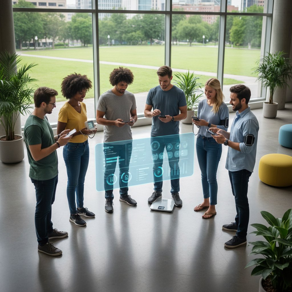 Grupa ludzi z różnych środowisk korzystających z różnych urządzeń mobilnych, eksplorujących narzędzia zdrowotne