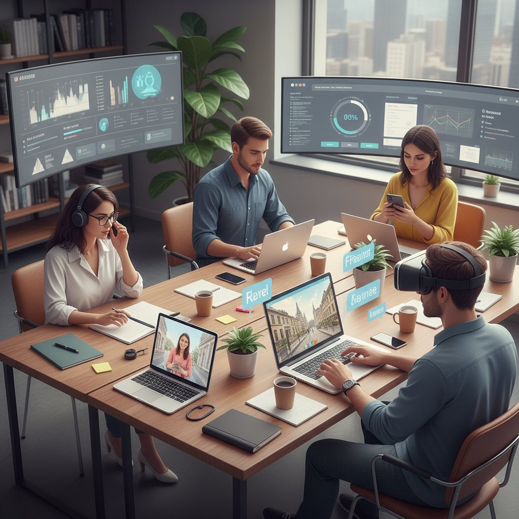 Grupa ludzi korzystająca z nowoczesnych urządzeń podczas nauki francuskiego online