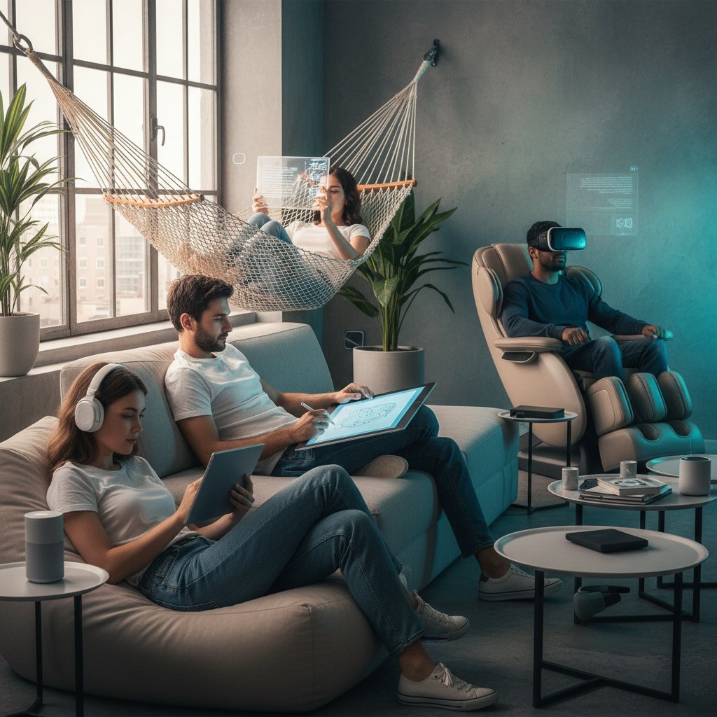 Grupa ludzi korzystająca z nowoczesnych gadżetów w relaksującej atmosferze