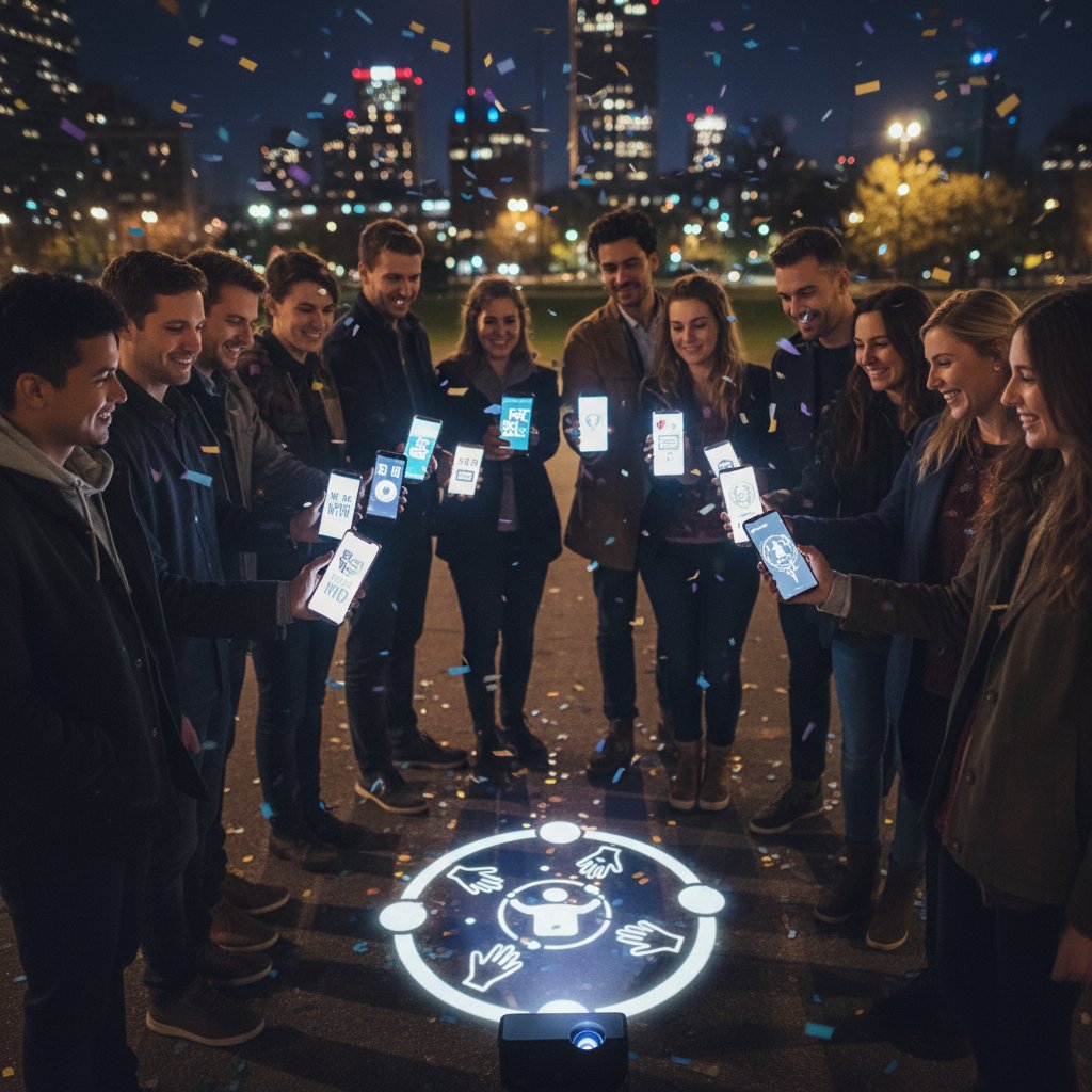 Grupa młodych ludzi siedzi w półmroku, rozmawiając przez telefony – symbole wsparcia online poza terapią