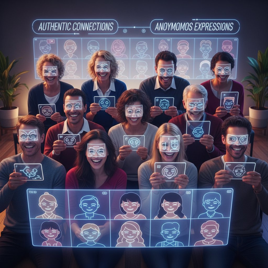 Grupa ludzi prowadząca rozmowę online, uśmiechnięci, symbolizujący autentyczność i anonimowość