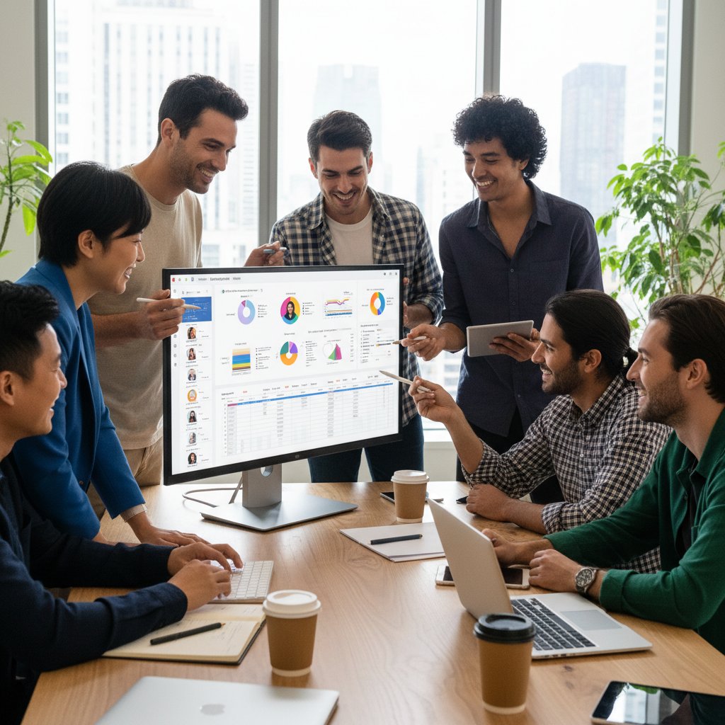 Grupa osób angażująca się we wspólny projekt online, uśmiechnięta i zaangażowana, symbolizująca drużynę cyfrową