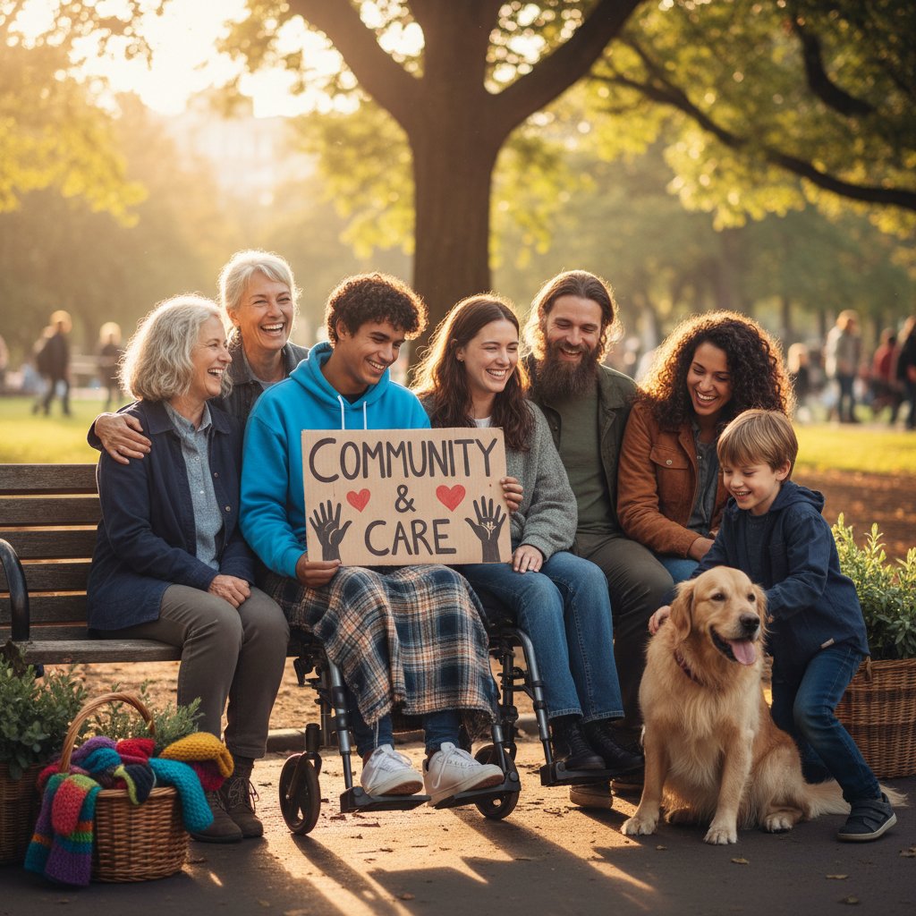 Grupa osób siedzących razem na ławce w parku, uśmiechnięci, jasne światło, słowa kluczowe: wsparcie społeczne, poprawa zdrowia psychicznego, efekt wspólnoty