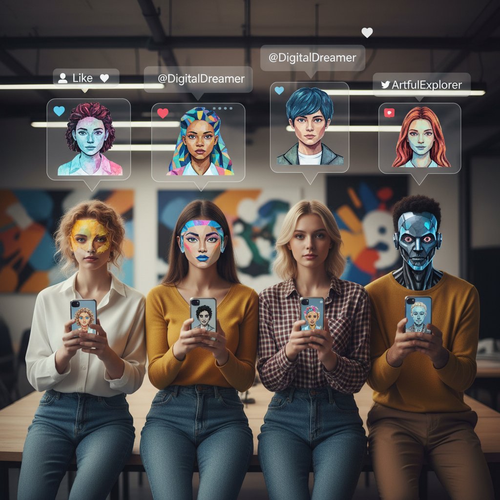 Grupa młodych ludzi przeglądających profile z malarskimi avatarami na smartfonach