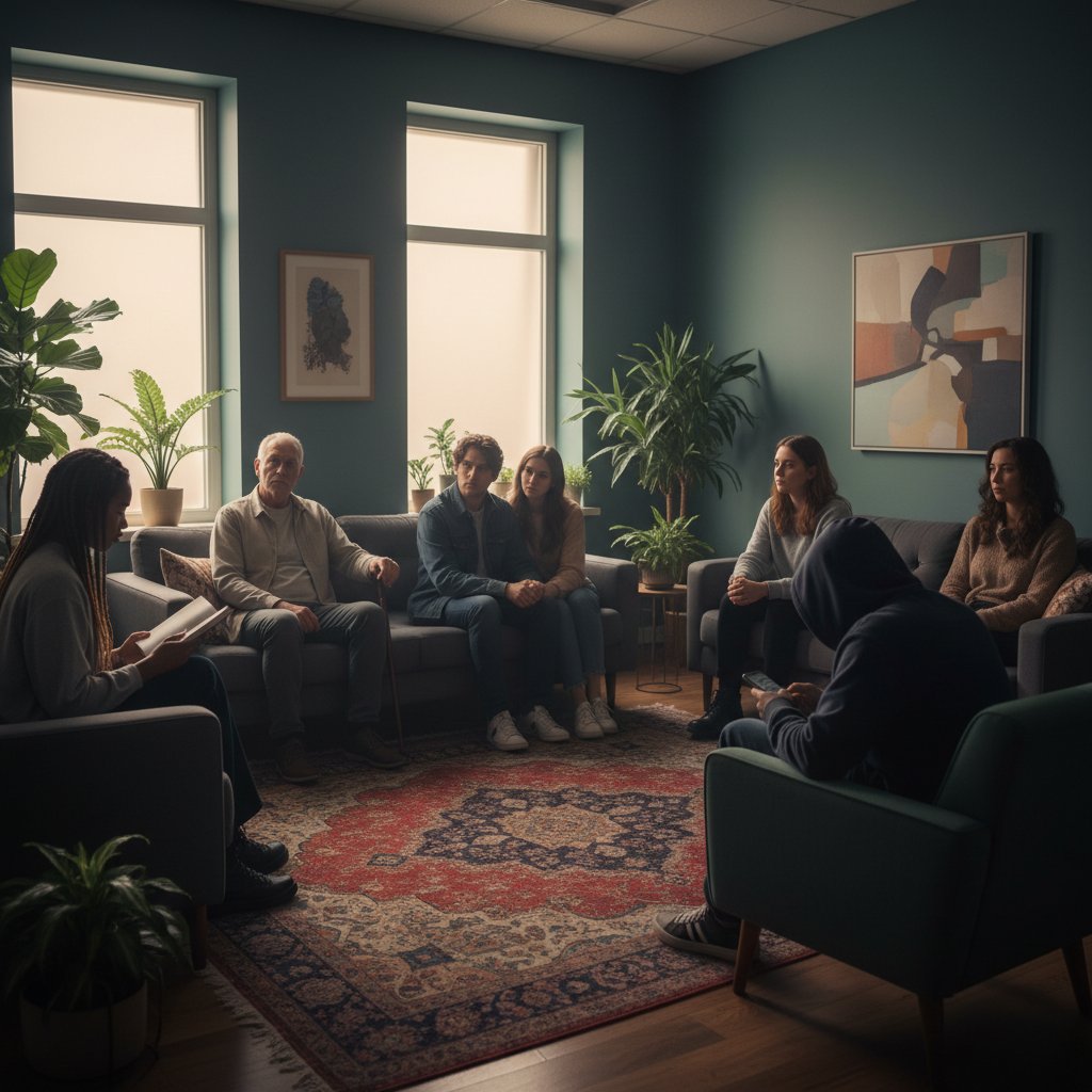 Grupa ludzi w poczekalni gabinetu psychoterapeutycznego – przekrój wieku i płci