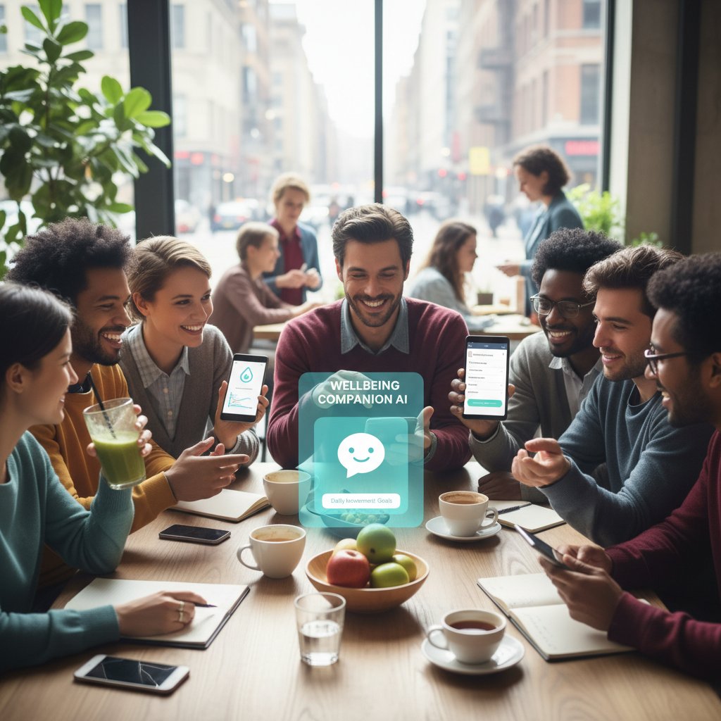Grupa osób korzystających wspólnie z aplikacji czat.ai w kawiarni, w atmosferze wsparcia i rozmowy