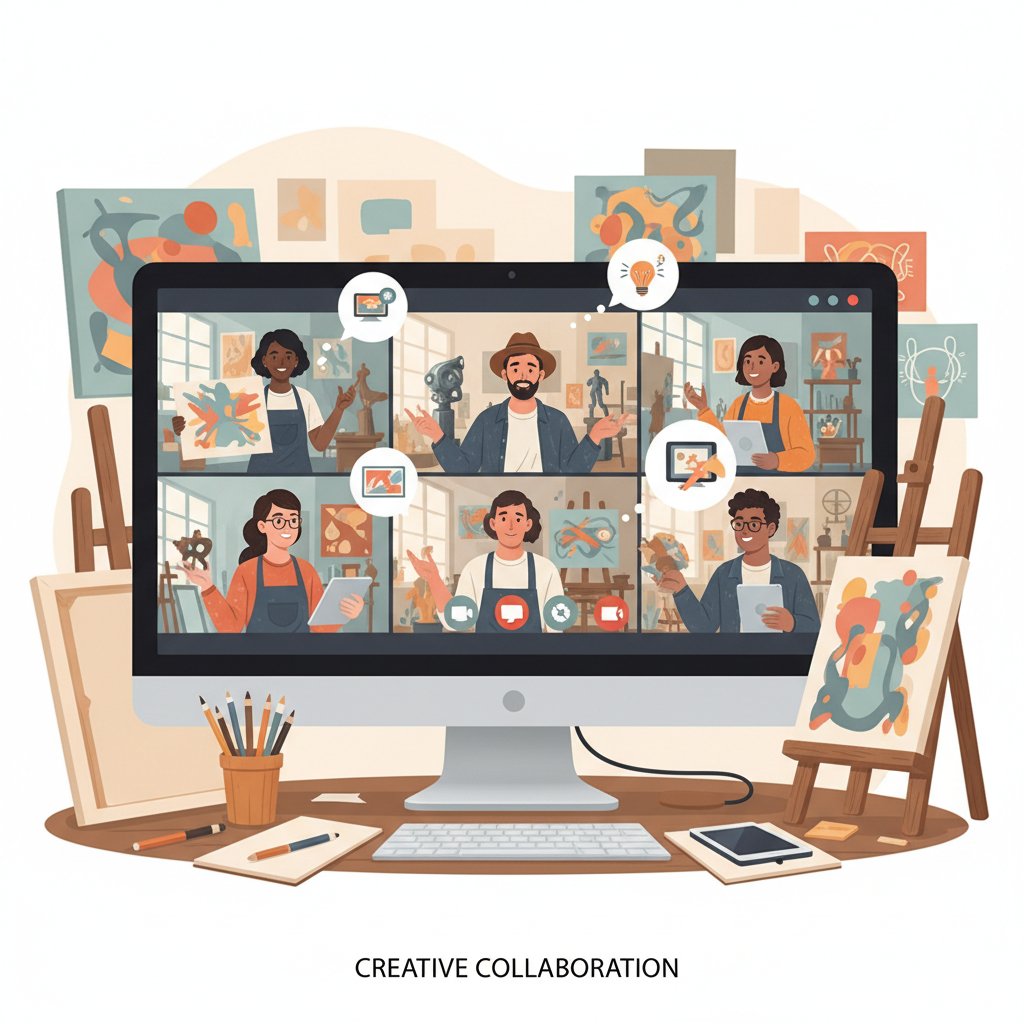 Grupa osób dyskutuje o obrazach podczas spotkania online, kreatywna atmosfera, obrazy wyeksponowane na ścianie