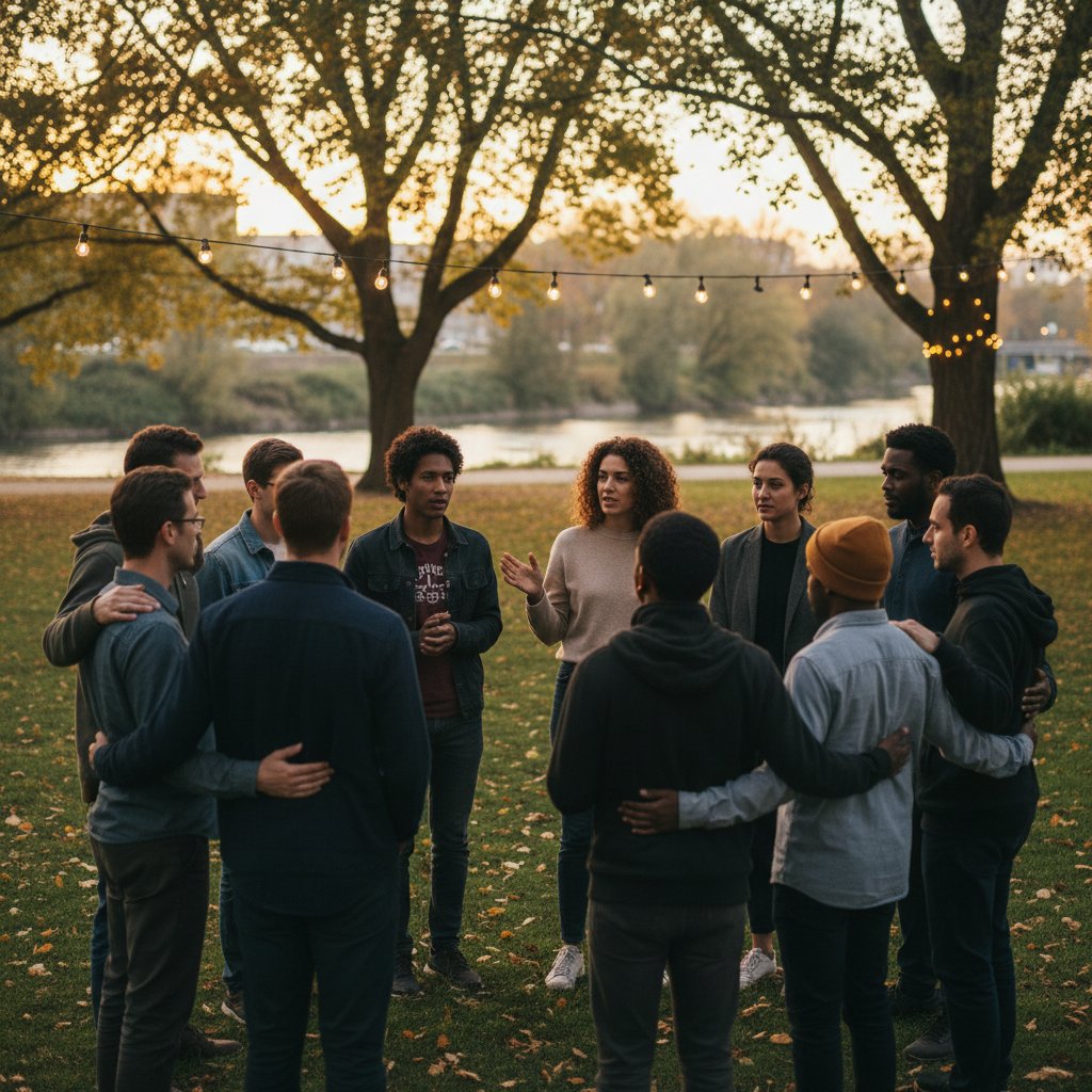 Grupa ludzi rozmawiająca na świeżym powietrzu, wsparcie i autentyczność