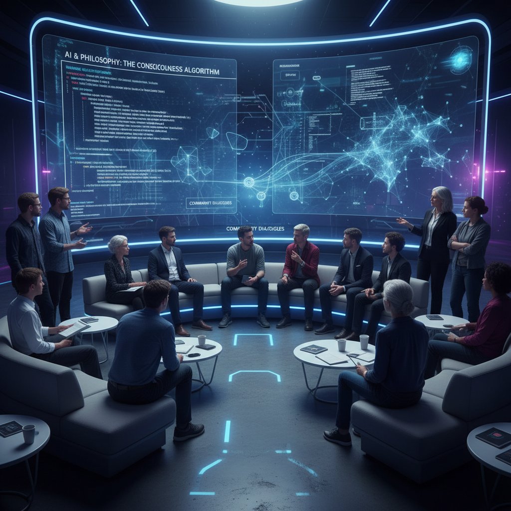 Grupa ludzi wpatrujących się w ekran z AI, symbolizująca wspólnotę intelektualną i refleksję