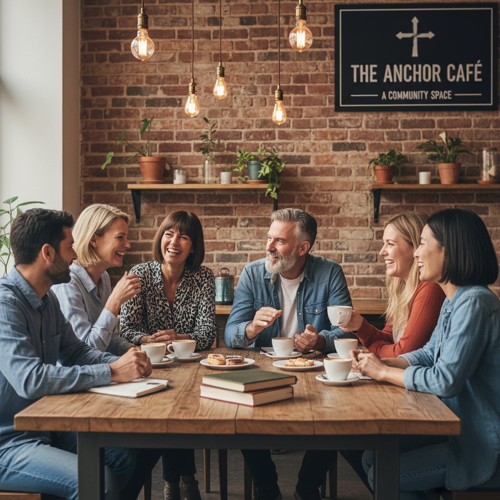 Zdjęcie grupy osób rozmawiających w przyjaznej kawiarni, symbol wsparcia społecznego