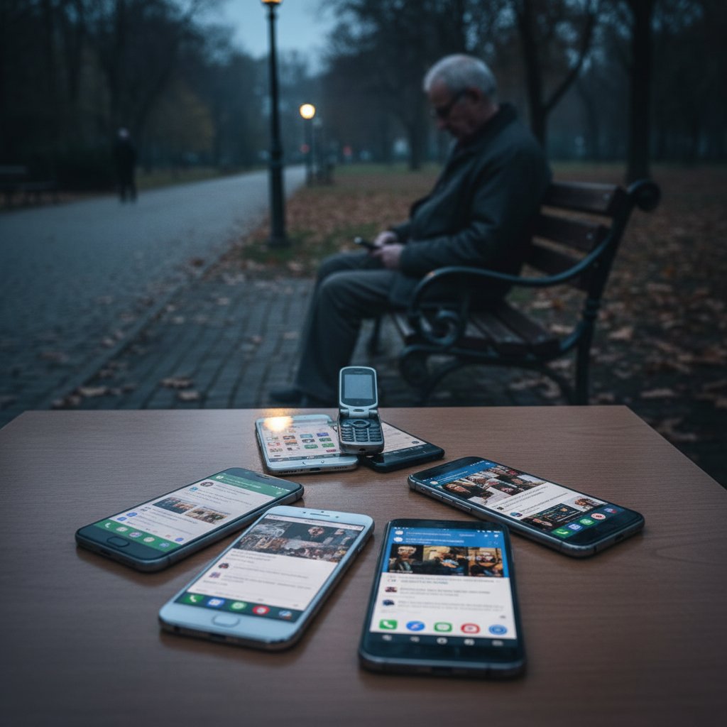 Grupa młodych osób patrzy w ekrany telefonów, jedna osoba samotna z boku, temat: lekceważenie cyfrowe