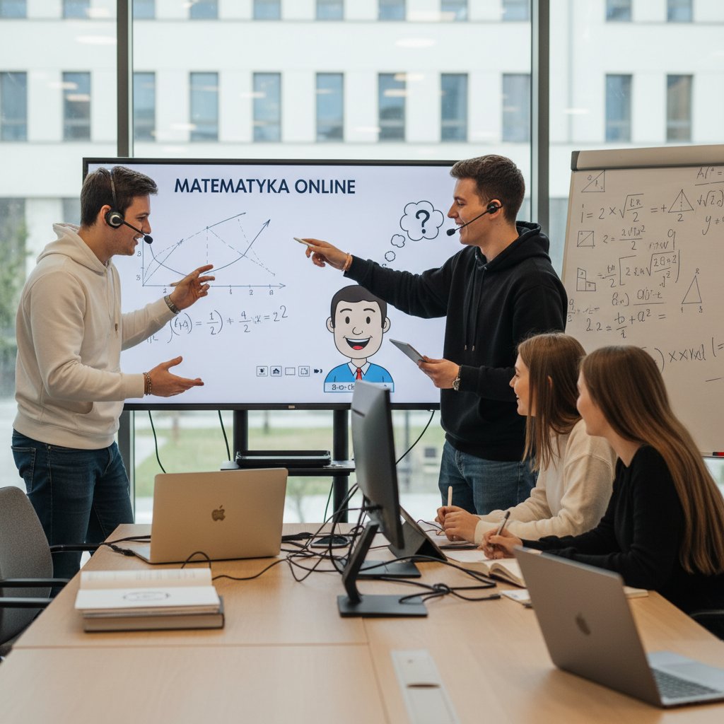 Grupa polskich uczniów uczących się online, matematyka, współpraca, technologia