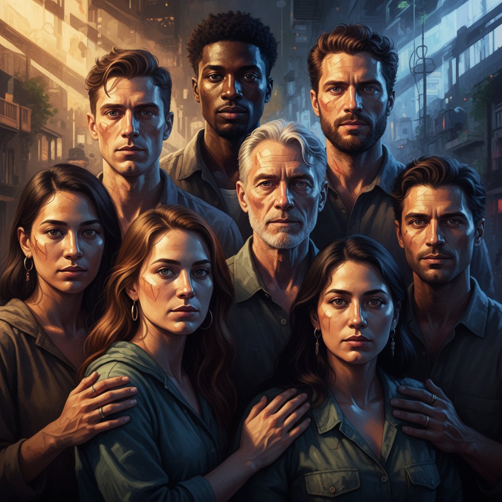 Grupowy portret osób o zróżnicowanych tożsamościach, światło i cień nachodzące na siebie – symbol intersekcjonalności