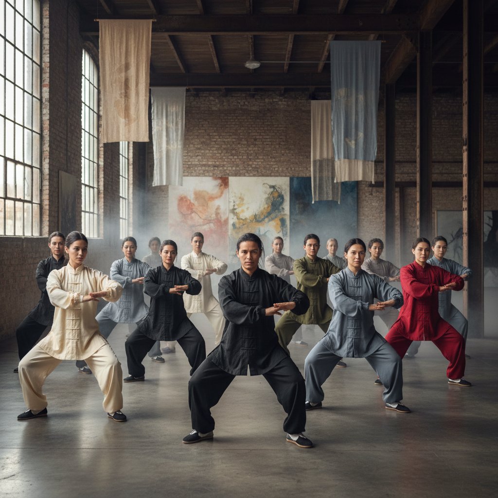 Praktycy różnych stylów tai chi w tradycyjnych i współczesnych strojach, różne pokolenia, industrialne otoczenie