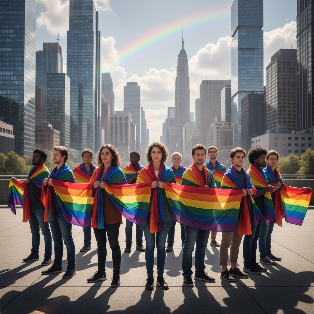 Grupa ludzi chroniąca osobę z tęczowym szalikiem na tle miasta, symbol siły sojuszników