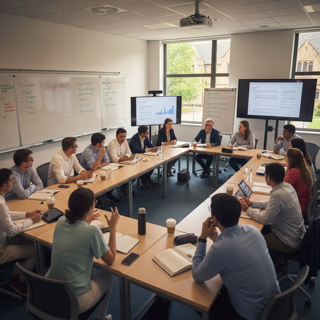 Grupa ludzi w zróżnicowanym wieku prowadzi głęboką rozmowę w środowisku edukacyjnym, sesja grupowa