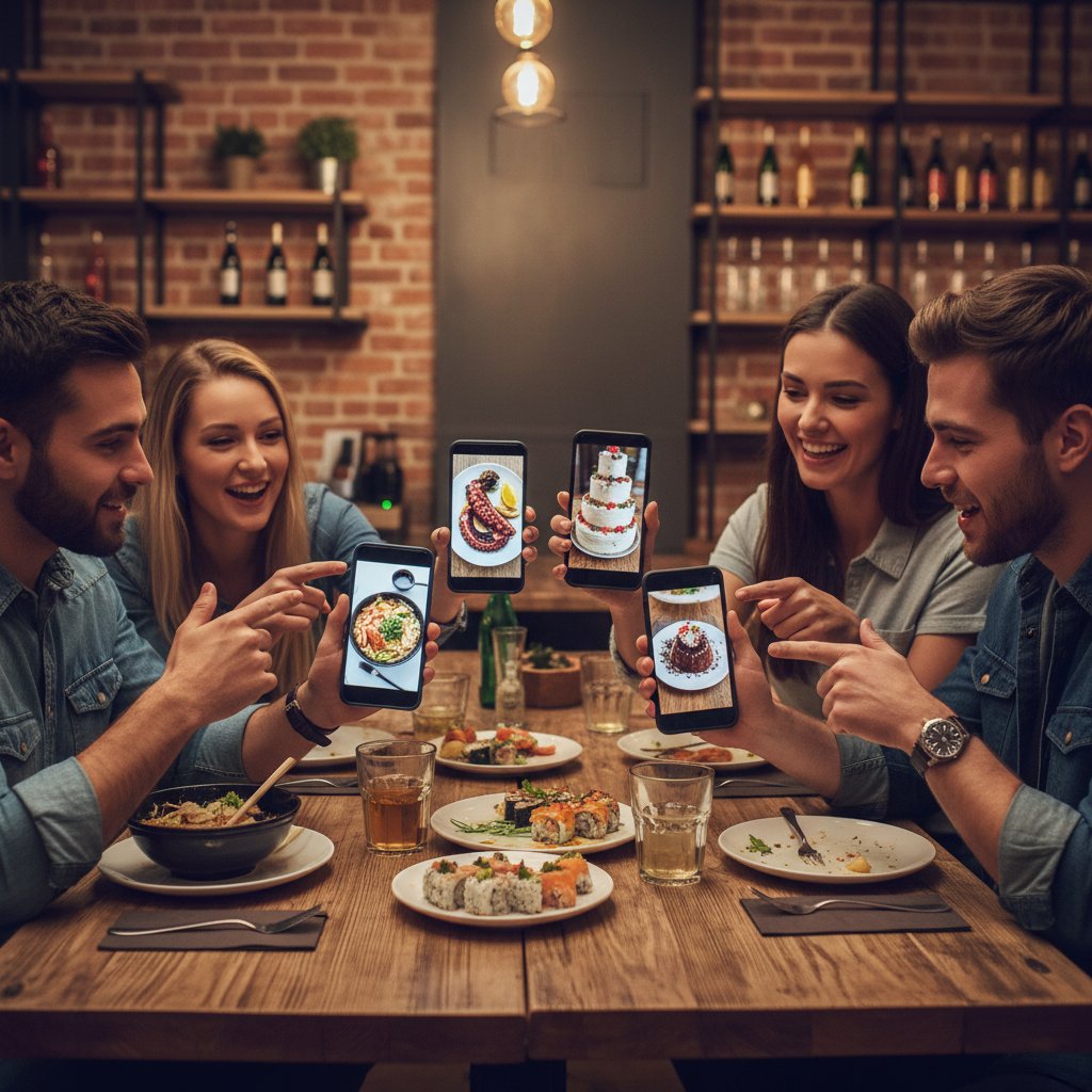 Ludzie dzielący się zdjęciami jedzenia online w kuchni