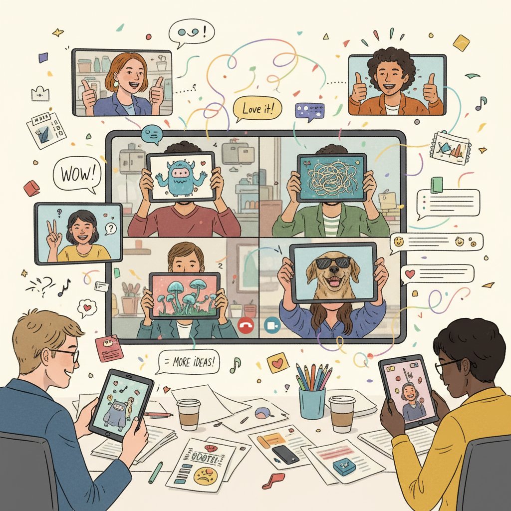 Grupa osób dzieli się zdjęciami i opiniami na spotkaniu online, ekrany komputerów, kreatywny chaos