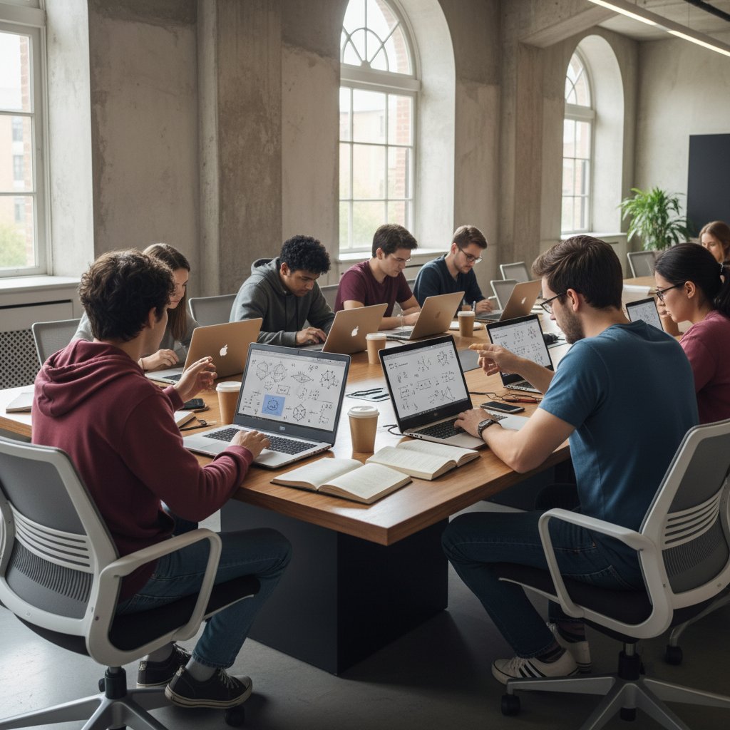 Grupa studentów różnych płci uczy się na laptopach, widoczne symbole fizyki ciała stałego, dynamiczna, nowoczesna atmosfera