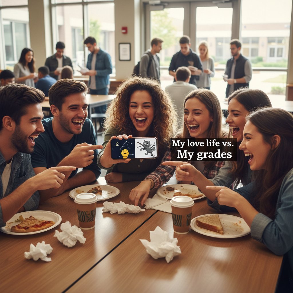 Grupa studentów śmieje się, jeden z nich pokazuje na smartfonie viralowego mema z horoskopem w studenckiej stołówce