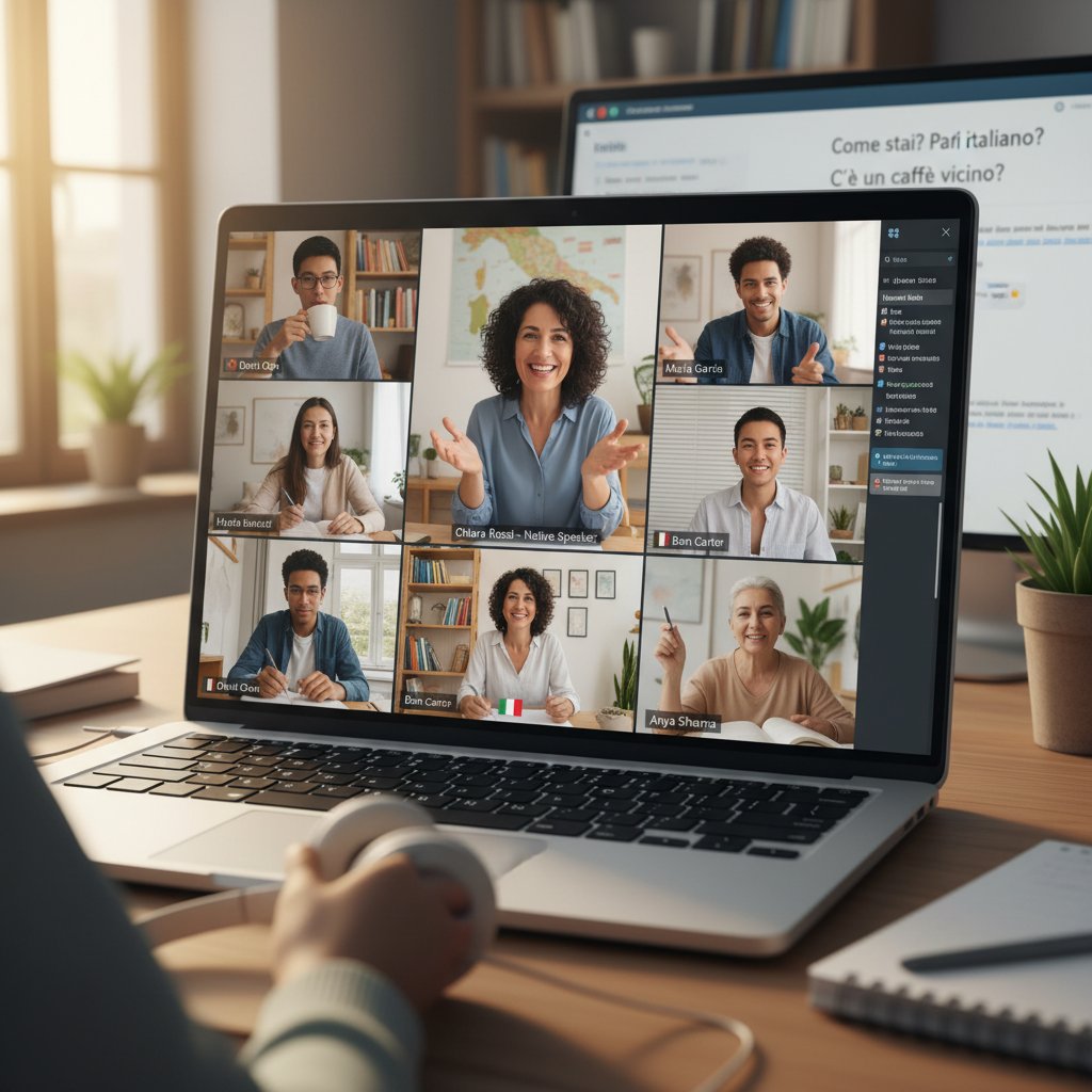 Grupa studentów podczas konwersacji online z native speakerem włoskim