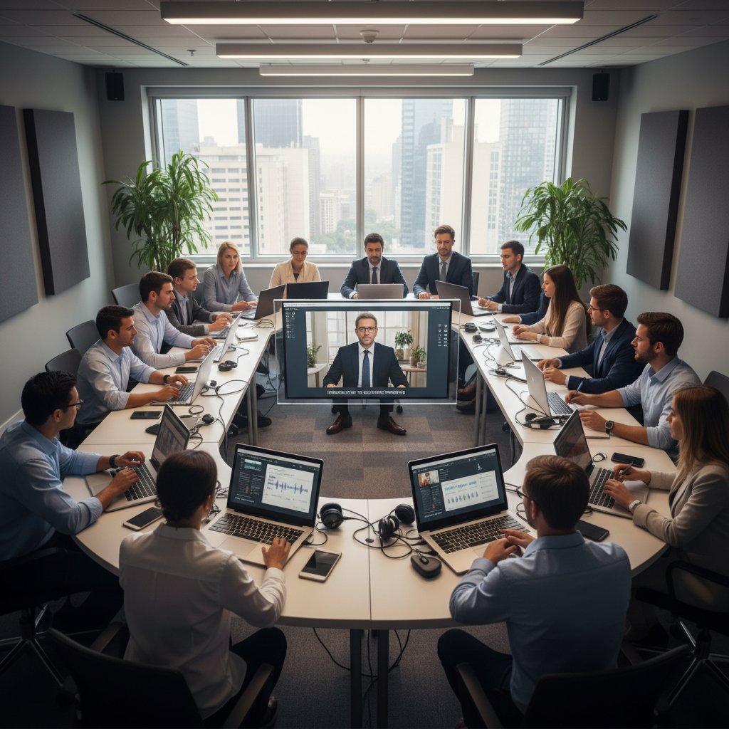 Grupa studentów i profesjonalistów przed komputerami, uczących się akustyki online