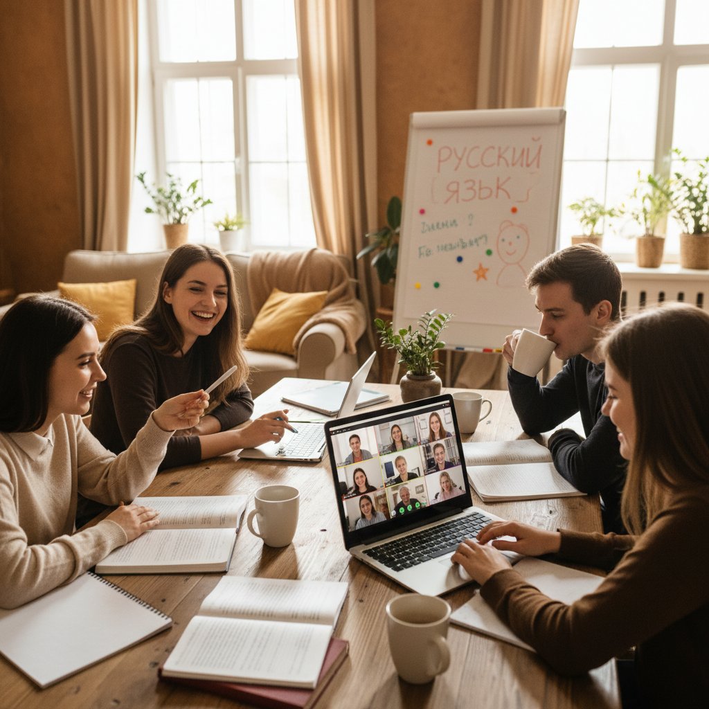 Grupa młodych ludzi ucząca się rosyjskiego online, wspólna praca przy komputerach, przyjazna atmosfera