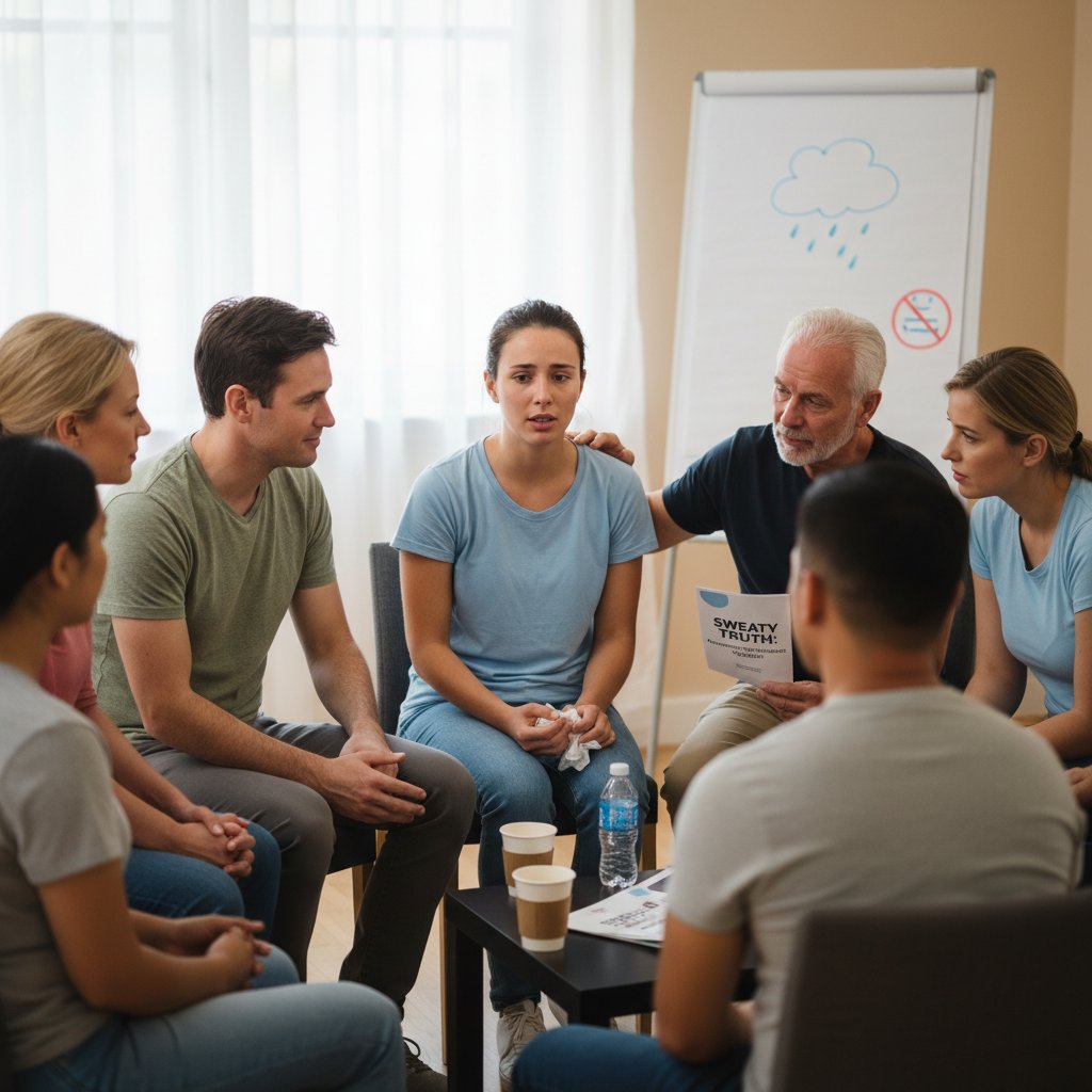 Zdjęcie grupy osób wspierających się wzajemnie, przełamywanie tabu potliwości