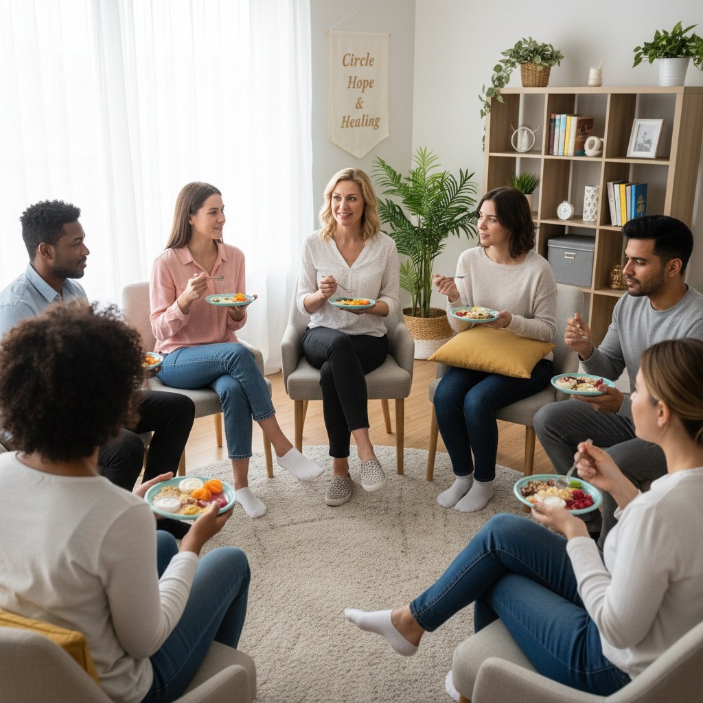 Grupa ludzi w kręgu wspierających się nawzajem — społeczne wsparcie w walce z zaburzeniami odżywiania