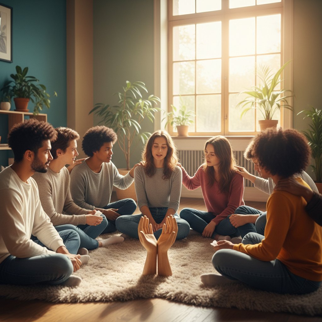 Grupa osób siedzących w kręgu, wspierających się nawzajem, atmosfera zrozumienia i wsparcia