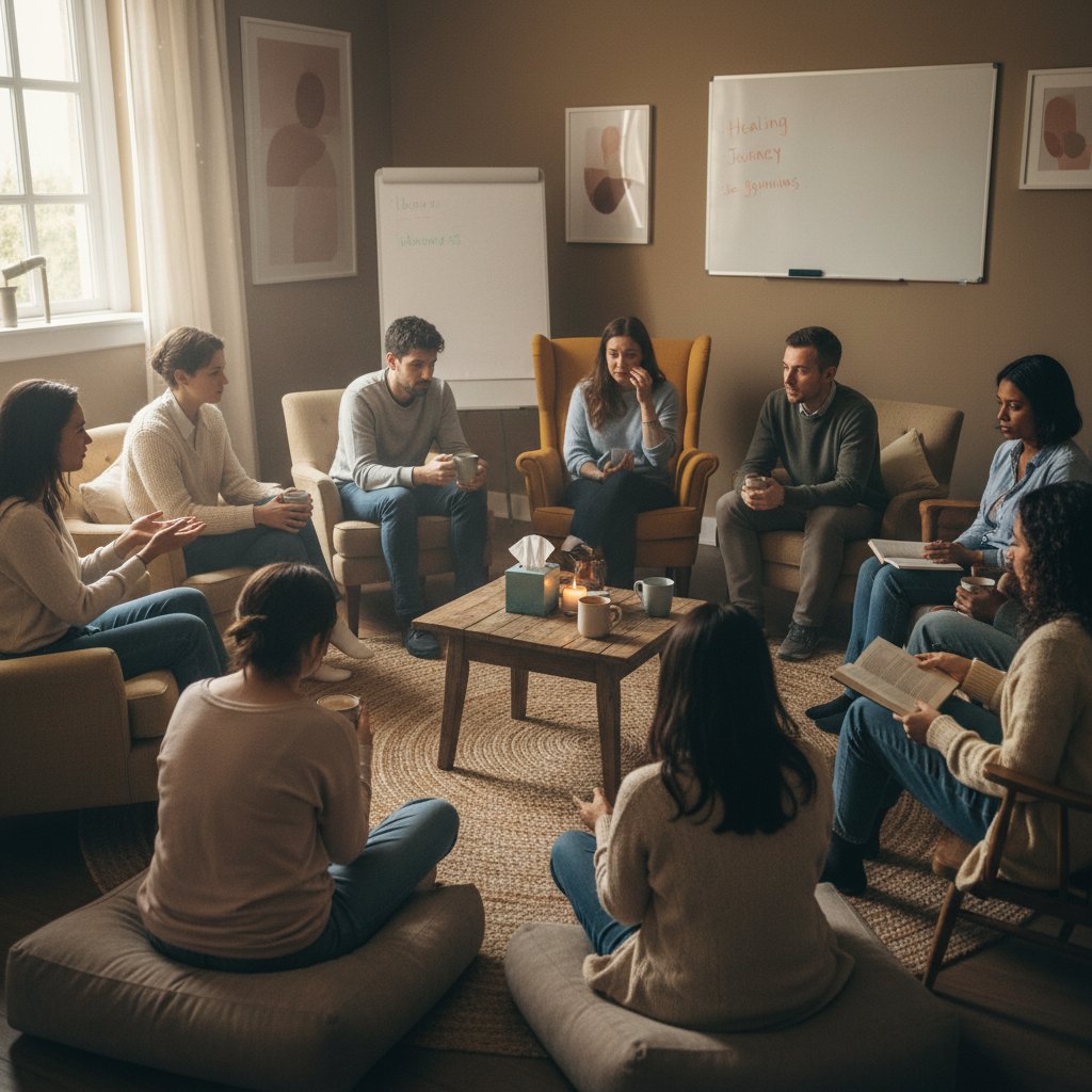 Grupa ludzi siedzących w kole, uśmiechnięci, grupa wsparcia po rozstaniu