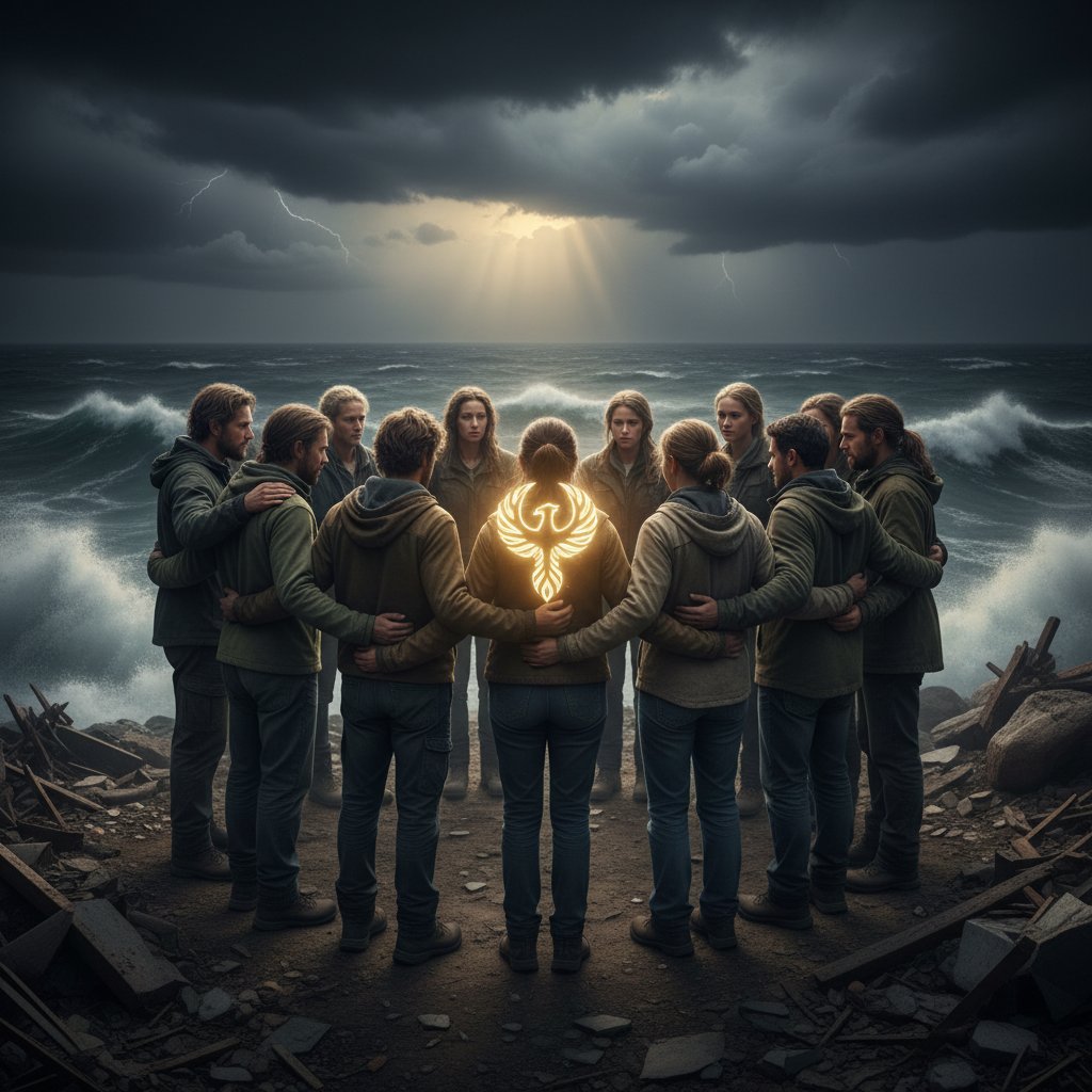 Grupa ludzi wspierających się nawzajem podczas kryzysu – symbol wspólnoty i odporności