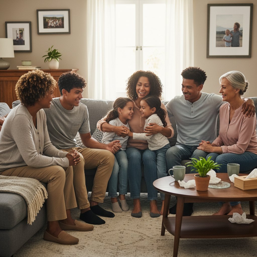 Silna relacja rodzinno-przyjacielska: grupa ludzi wspierająca się nawzajem, jasne światło, pozytywne emocje, słowa kluczowe: rodzina, wsparcie, zdrowie psychiczne