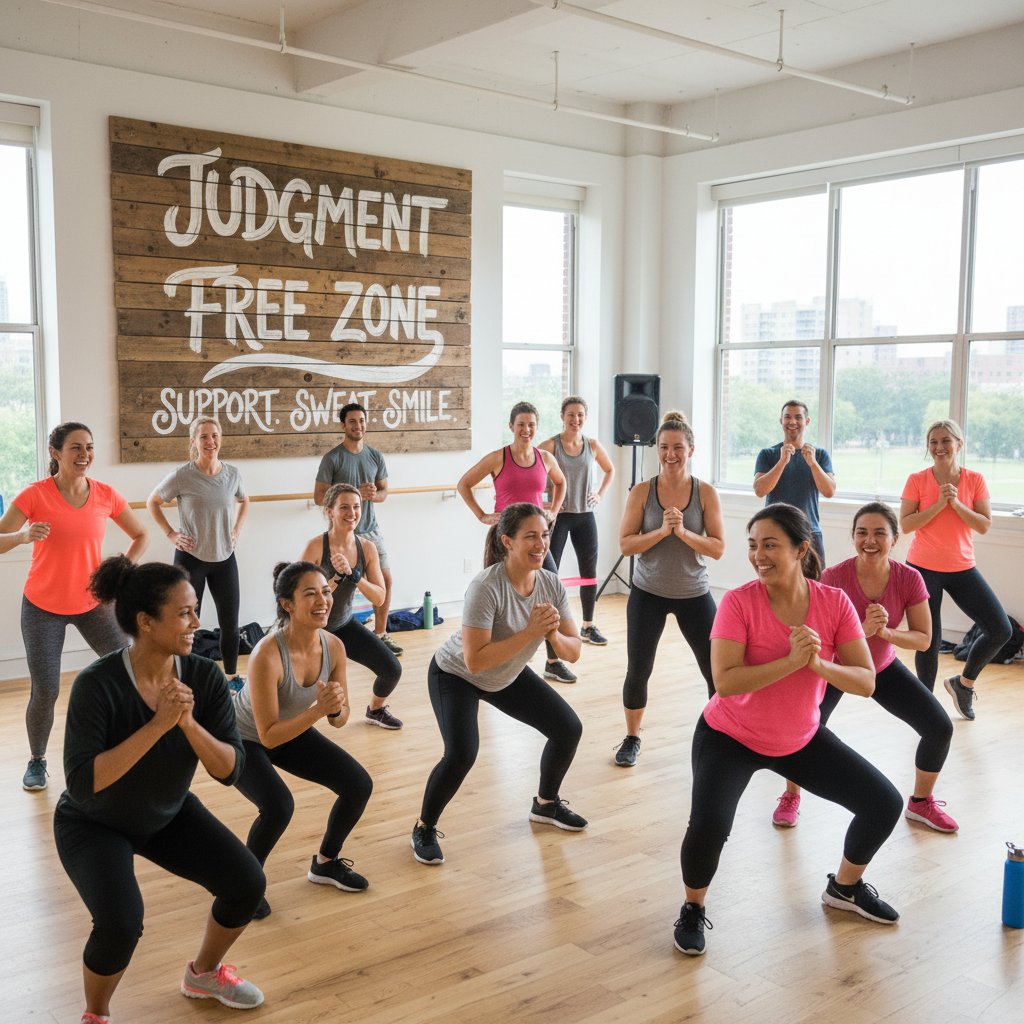 Wsparcie grupowe podczas treningu bez oceniania, różnorodna grupa osób w motywującej atmosferze