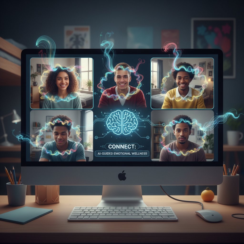 Grupa młodych ludzi siedzi przy komputerach, wyraźna atmosfera współpracy i wsparcia, keywords: wsparcie online, emocje, AI