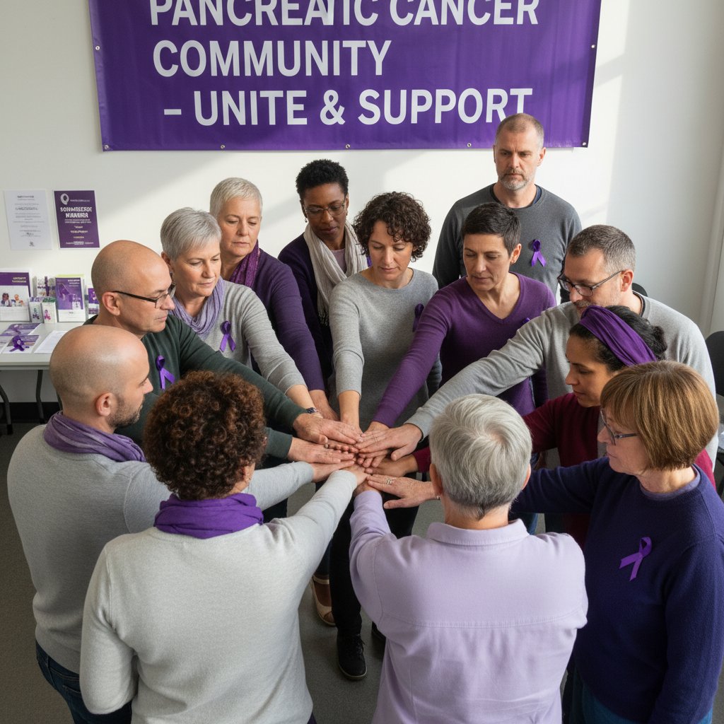 Grupa ludzi różnych pokoleń wspierających się wzajemnie, symbol nowej solidarności wokół raka trzustki