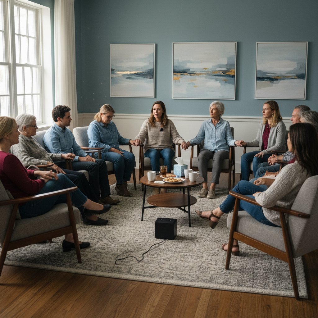 Grupa osób na spotkaniu wsparcia, dzielenie się doświadczeniem, bezpieczeństwo