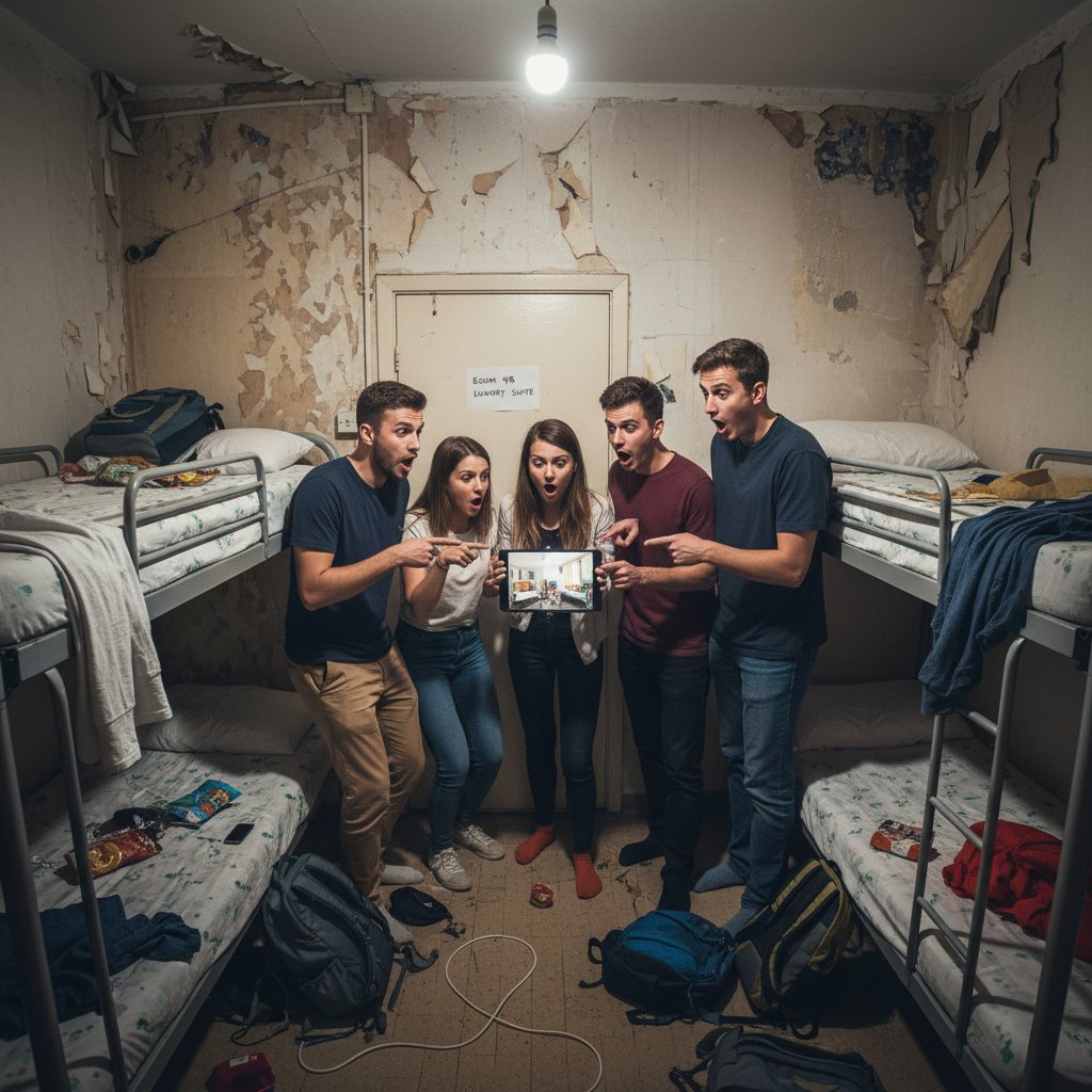 Zaskoczona grupa ogląda rzeczywisty wygląd pokoju hostelowego, który odbiega od zdjęcia na stronie