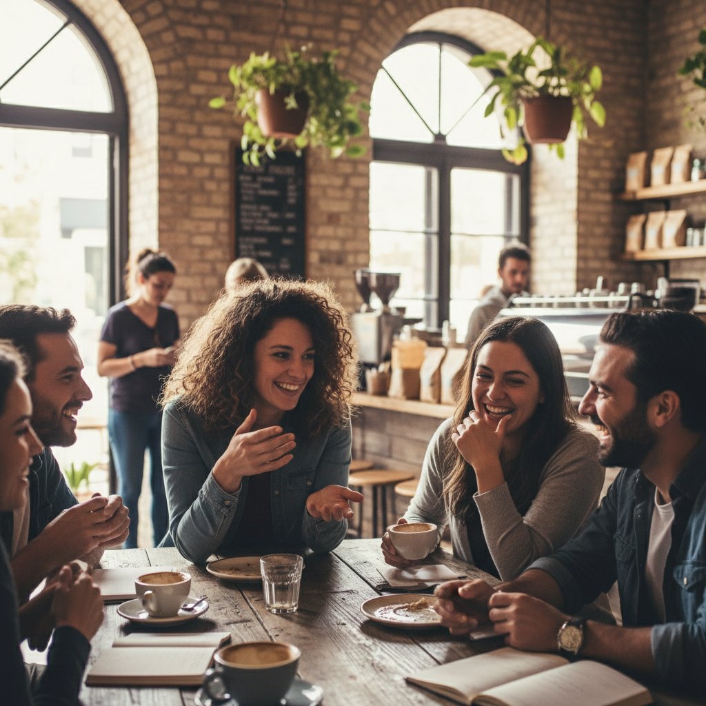 Grupa młodych ludzi rozmawiających w kawiarni, uśmiechy, autentyczność