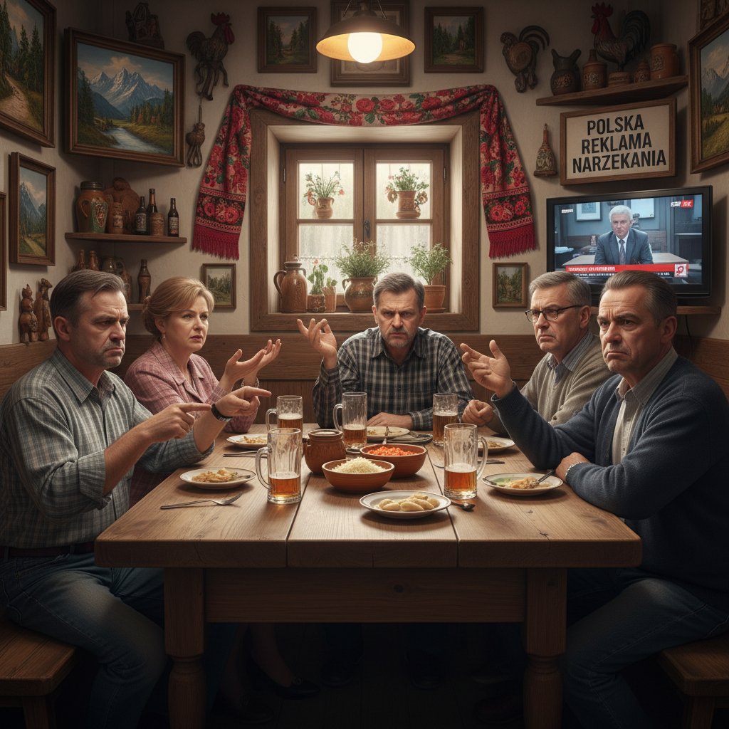 Grupa osób siedząca przy stole, wyraźnie rozmawiająca o problemach – narzekanie, polska codzienność, negatywne myśli